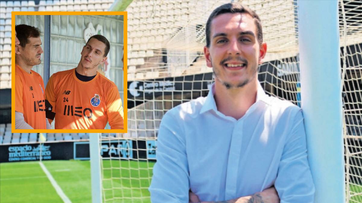 Joao Costa, portero del Cartagena, posa en una de las portería del Cartagonova. En el recuadro, el guardameta albinegro junto a Iker Casillas en el Oporto.