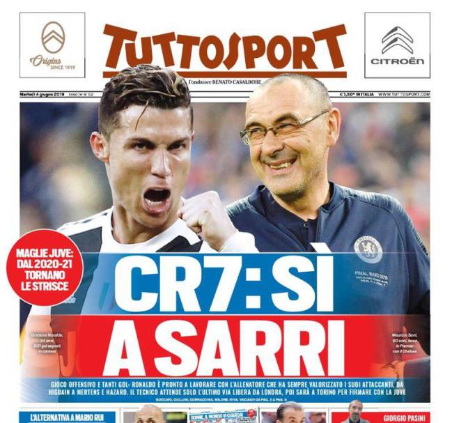 Primera de Tuttosport con Cristiano Ronaldo y Maurizio Sarri.