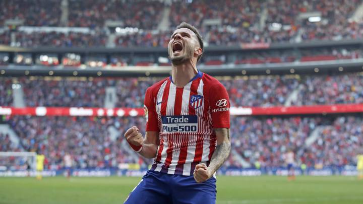 Saúl celebra un gol con el Atlético.