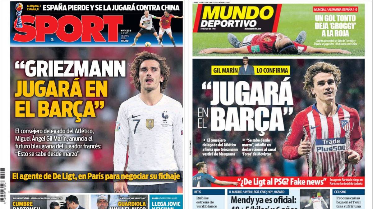 Portadas de los diarios Sport y Mundo Deportivo del día 13 de julio de 2019.