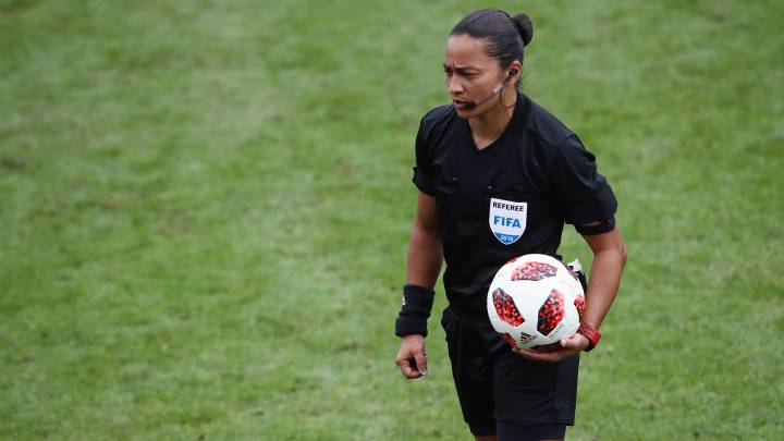 CONCARNEAU, FRANCE - AUGUST 12: Referee Edina Alves Batista reacts during the FIFA U-20 Women's World Cup France 2018 group A match between Ghana and New Zealand at Stade Guy-Piriou on August 12, 2018 in Concarneau, France. (Photo by Alex Grimm - FIFA/FIFA via Getty Images)