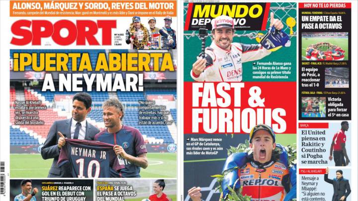 Portadas de los diarios Sport y Mundo Deportivo del día 17 de junio de 2019.