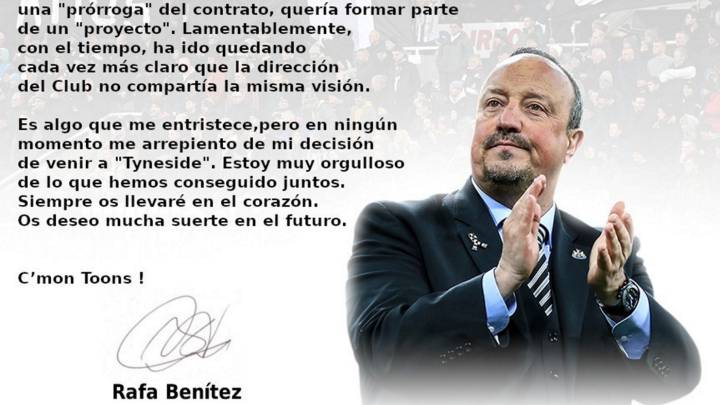 Rafa Benítez bids Newcastle farewell with thank you letter