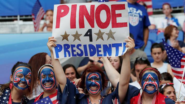 Soccer Football - Women's World Cup - Semi Final - England v United States - Groupama Stadium, Lyon, France - July 2, 2019 Fans hold up a sign in reference to Megan Rapinoe of the U.S. before the match REUTERS/Benoit Tessier