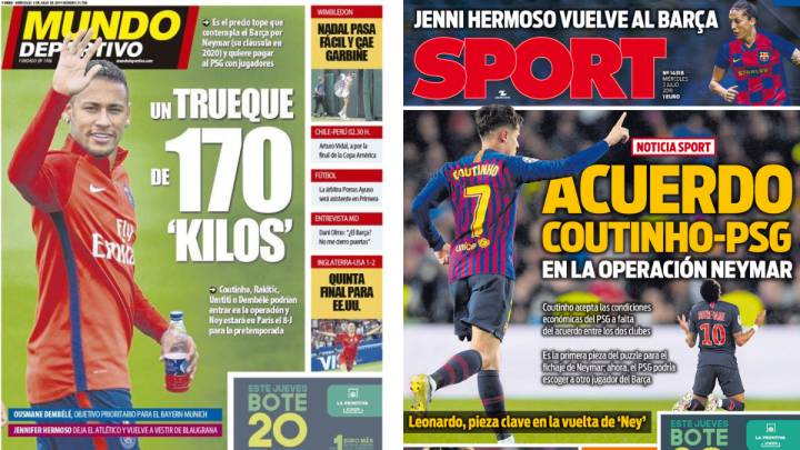 Portadas de Mundo Deportivo y Sport del 3 de julio de 2019 con Neymar y Coutinho y el posible intercambio entre Barça y PSG como protagonistas.