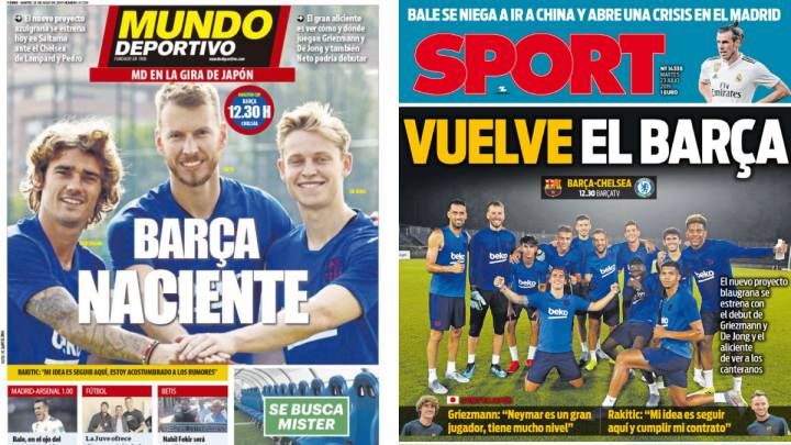 Portadas de Mundo Deportivo y Sport del 23 de julio de 2019 con el debut del Barça ante el Chelsea en China en la pretemporada del equipo azulgrana.