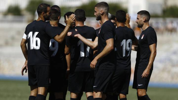 Los jugadores del Granada celebran el gol al Alcorcón