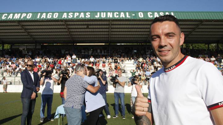 Iago Aspas, durante el rebautizo del campo del Moaña con el nombre del delantero del Celta.