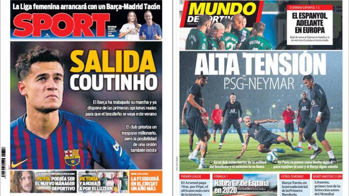 Portadas de los diarios Sport y Mundo Deportivo del día 2 de agosto de 2019.