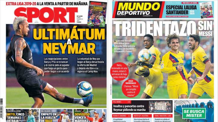 Portadas de los diarios Sport y Mundo Deportivo del día 12 de agosto de 2019.