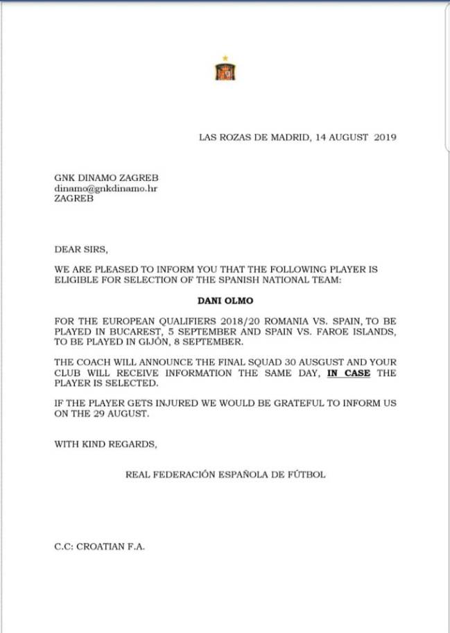 Carta de la selección española al Dinamo de Zagreb comunicándoles que Dani Olmo está entre los elegibles.