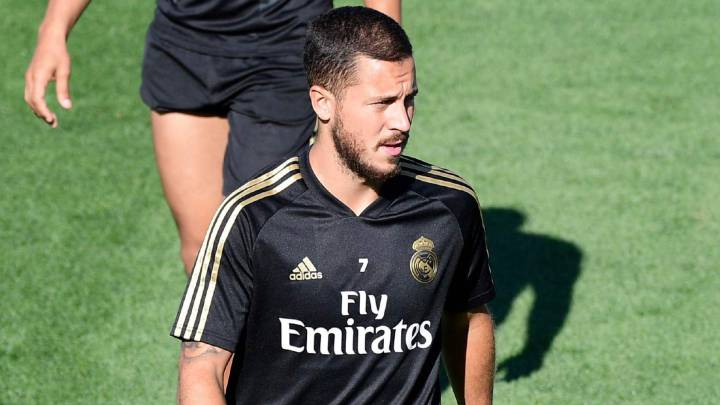 Eden Hazard, en el entrenamiento previo al debut liguero del Real Madrid ante el Celta.