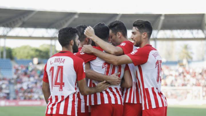 Los jugadores del Almería celebran el gol ante el Málaga.