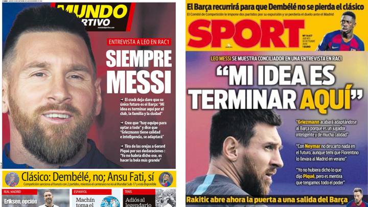 Portadas de Mundo Deportivo y Sport del 10 de octubre de 2019 con la entrevista a Leo Messi en Rac-1.