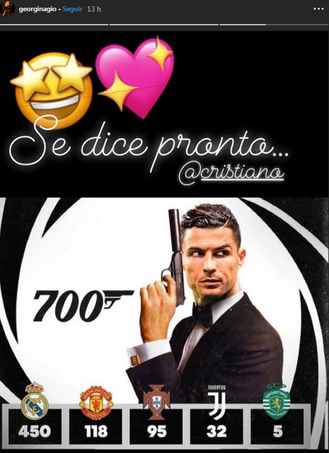 Georgina Rodríguez, pareja de Cristiano, subió a las redes un montaje del jugador como si fuera 007, pero recalcando sus 700 goles.
