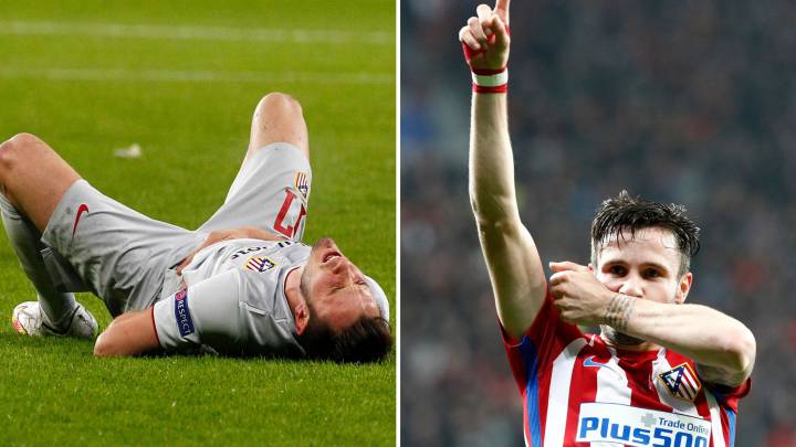 En izquierda, Saúl en 2015, tras recibir el golpe en el riñón. En la derecha, Saúl tras marcar su gol en 2017, el primero del 2-4.