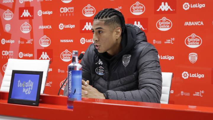 Djaló, jugador del Lugo, en rueda de prensa.
