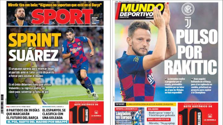 Portada de los diarios Sport y Mundo Deportivo del día 8 de noviembre de 2019.