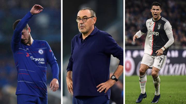 Hazard, Sarri y Cristiano Ronaldo.
