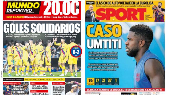 Portadas de Mundo Deportivo y Sport del 14 de noviembre de 2019 con el partido solidario entre el Barça y el Cartagena y el central francés Samuel Umtiti como protagonistas.