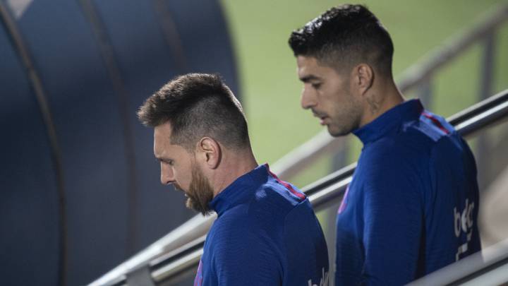 Luis Suárez, junto a Messi durante un entrenamiento del Barcelona.