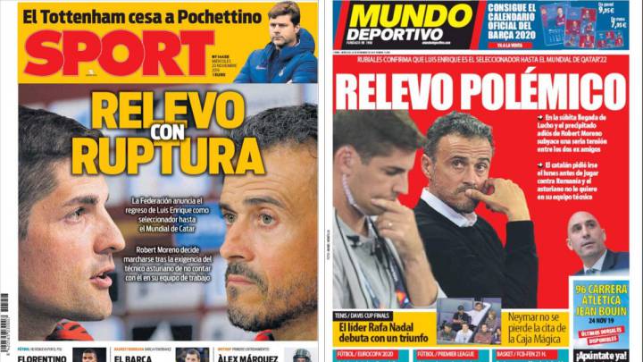 Portadas de los diarios Sport y Mundo Deportivo del día 20 de noviembre de 2019.