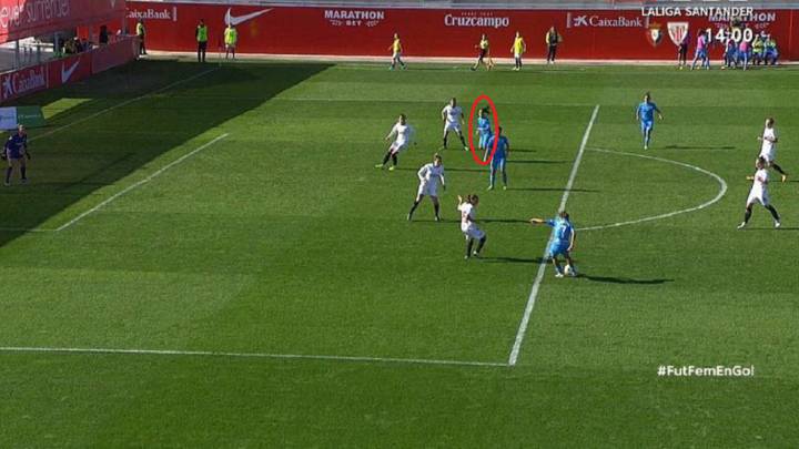 Mari Paz, en rojo, en el momento de la asistencia antes de anotar el gol que fue anulado por inexistente fuera de juego frente al Sevilla.