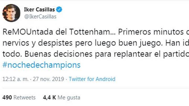 Tuit de Casillas a Mourinho en el que destaca el buen juego en la remontada del Tottenham