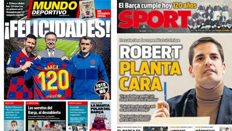 Portadas de Mundo Deportivo y Sport del 29 de noviembre de 2019 con el 120 aniversario del Barça y una foto exclusiva de Messi, Bartomeu y Ernesto Valverde, y la rueda de prensa de Robert Moreno en respuesta a Luis Enrique.