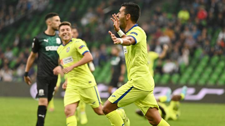 Ángel Rodríguez celebra su gol ante el Getafe.