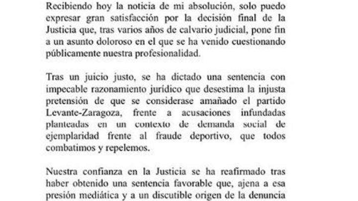 Comunicado de Gabi tras conocerse la sentencia absolutoria para 36 jugadores del presunto amaño del Levante-Zaragoza