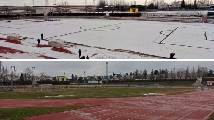 El antes y el después de que la nevada de las pistas de Unionistas fuera retirada.
