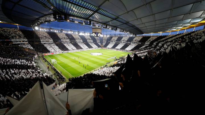 Soccer Football - Europa League Semi Final First Leg - Eintracht Frankfurt v Chelsea - Commerzbank-Arena, Frankfurt, Germany - May 2, 2019 General view of Eintracht Frankfurt fans holding up banners inside the stadium before the match REUTERS/Kai Pfaffenbach