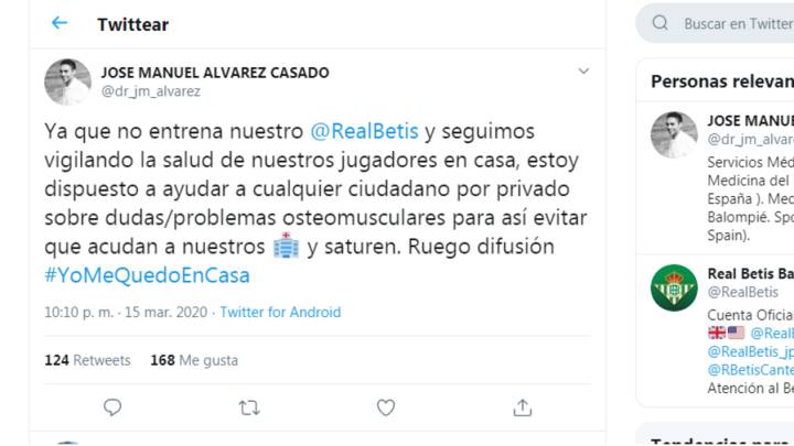 El médico del Betis José Manuel Álvarez ayudará para que no se saturen los hospitales por el coronavirus y resolverá dudas de tipo osteomuscular.