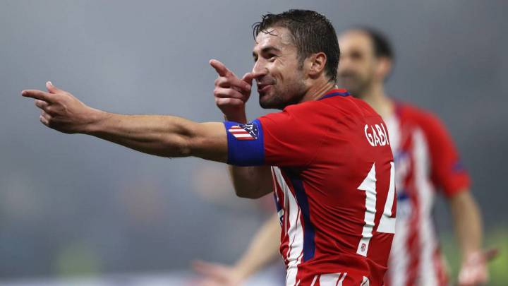 Gabi celebra su gol en la final de Europa League en Lyon, su último titulo con el Atletico.