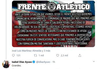 Díaz Ayuso jalea al Frente Atlético por Twitter:
