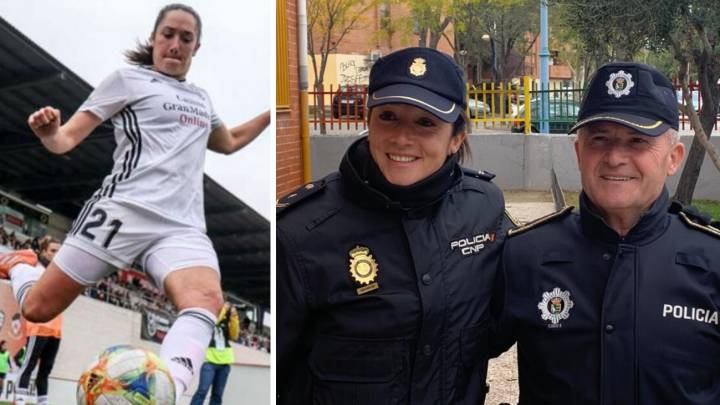 Estela, jugadora del Madrid CFF y Policía Nacional, junto a su padre, también del Cuerpo Nacional de Policía.
