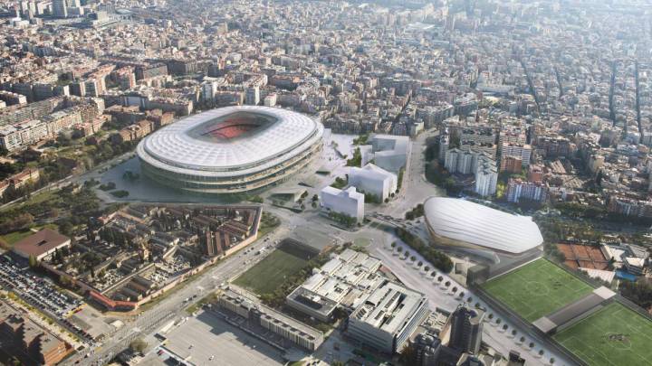 Imagen del proyecto del Espai Barça con el Camp Nou a la izquierda y el Nou Palau, a la derecha.