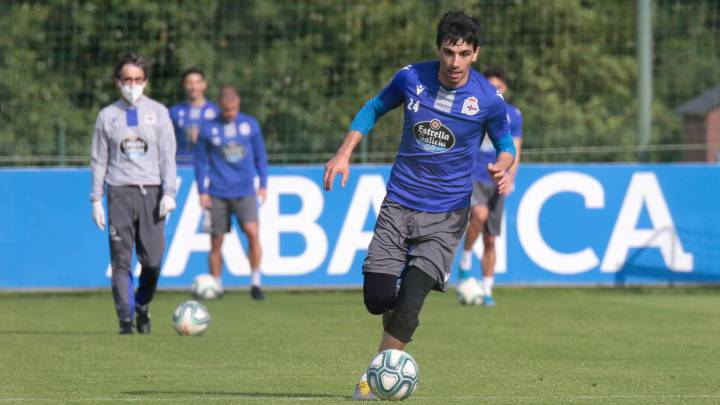 Bóveda, durante el entrenamiento del Deportivo del pasado sábado.