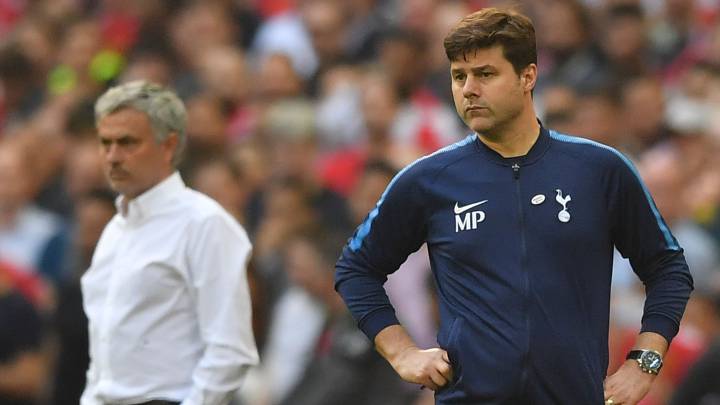 FILES) In this file photo taken on April 21, 2018 Manchester United's Portuguese manager Jose Mourinho (L) and Tottenham Hotspur's Argentinian head coach Mauricio Pochettino look on during the English FA Cup semi-final football match between Tottenham Hotspur and Manchester United at Wembley Stadium in London. - Jose Mourinho, one of European football's most successful managers, was appointed on November 20, 2019 to replace the sacked Mauricio Pochettino at Tottenham, with a brief to revive the fortunes of a club languishing in the lower reaches of the Premier League. (Photo by Ben STANSALL / AFP) / NOT FOR MARKETING OR ADVERTISING USE / RESTRICTED TO EDITORIAL USE