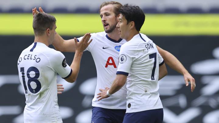 Tottenham's Harry Kane, center, celebrates with Giovanni Lo Celso, left, and Son Heung-min after scoring his side's second goal during the English Premier League soccer match between Tottenham Hotspur and Leicester City, at the Tottenham Hotspur Stadium in London, Sunday, July 19, 2020. (Richard Heathcote/Pool Photo via AP)
