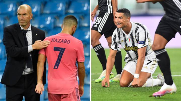 En la izquierda, Zidane le da una palmada en la espalda a Eden Hazard, En la derecha, Cristiano Ronaldo se lamenta en su partido contra el Lyon.