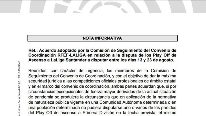Nota informativa sobre el acuerdo adoptado para los playoff de ascenso a Primera