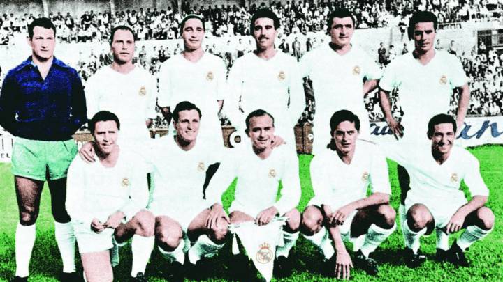 El once que alineó el Madrid en el primer partido del Madrid en la Copa de Europa: Arriba, de pie, de izquierda a derecha: Alonso, Navarro, Oliva, Lesmes, Muñoz y Zárraga. Agachados, y en el mismo orden: Molowny, Pérez-Payá, Di Stéfano, Rial y Gento.