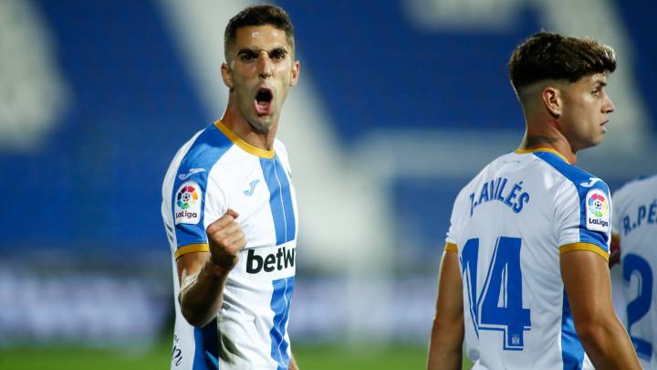 Sabin Merino, del Leganés, celebra uno de sus goles.