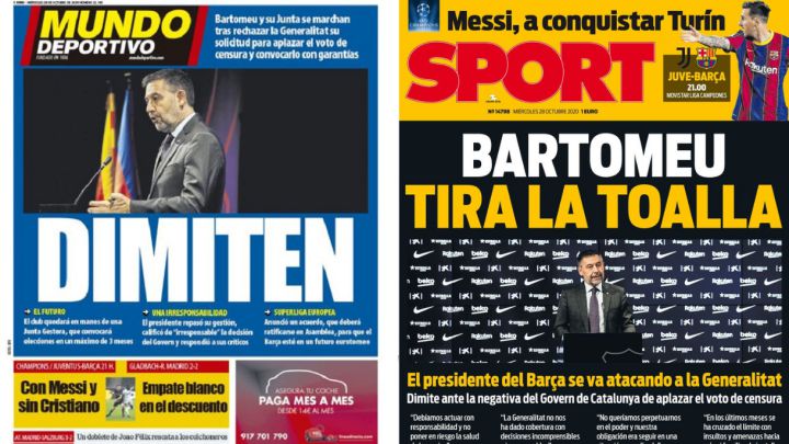 Portadas de Mundo Deportivo y Sport del 28 de octubre de 2020 con la dimisión de Josep María Bartomeu como presidente del Barça como tema principal.