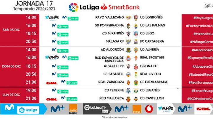 Ya se conocen los horarios de las jornadas 16 y 17 de Segunda
