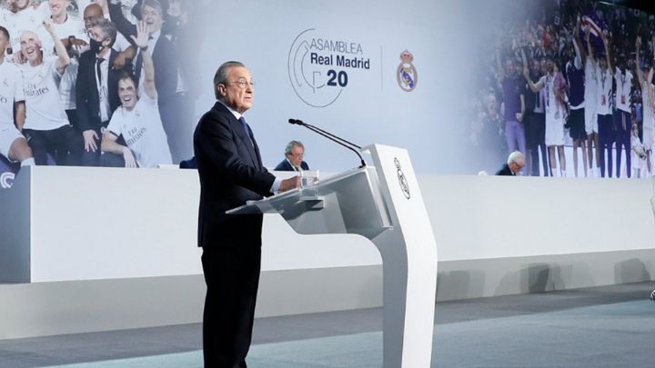 El presidente del Real Madrid, Florentino Pérez, durante su intervención en la Asamblea de Socios Representantes 2020.