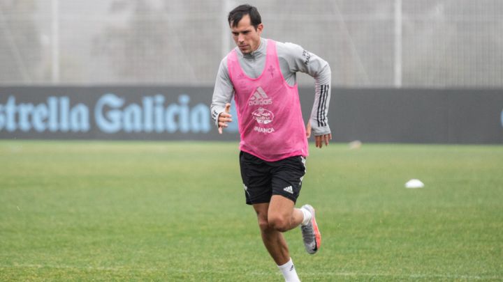 Augusto Solari, durante el entrenamiento de hoy en la ciudad deportiva