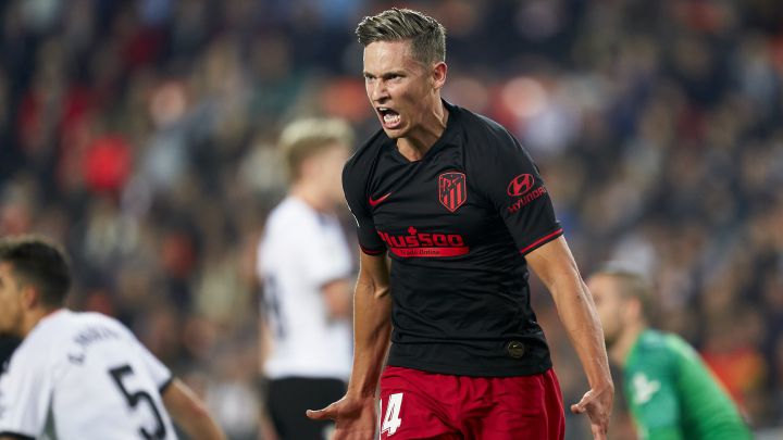 Marcos Llorente celbra su gol al Valencia, el primero en el Atlético.